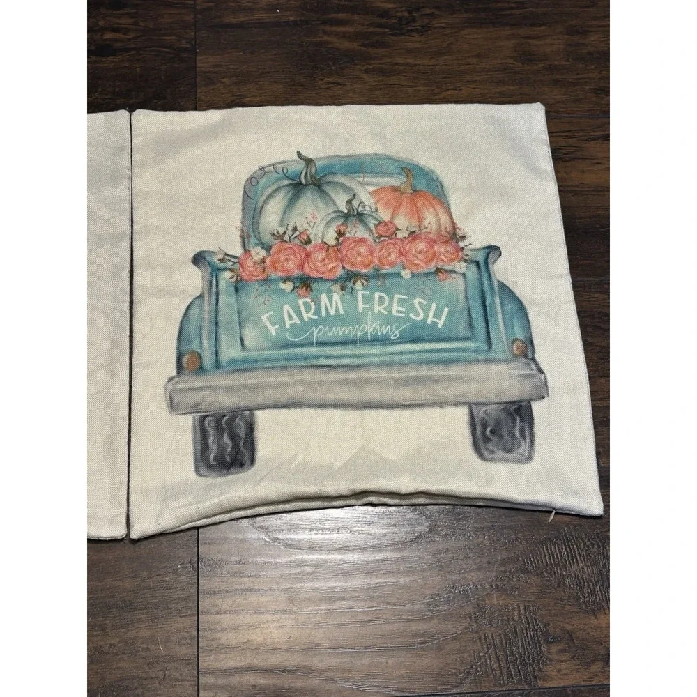 Autumn Fall Teal /Aqua Farm Fresh Pumpkins Truck & Pumpkin 17x17  Pillow Covers